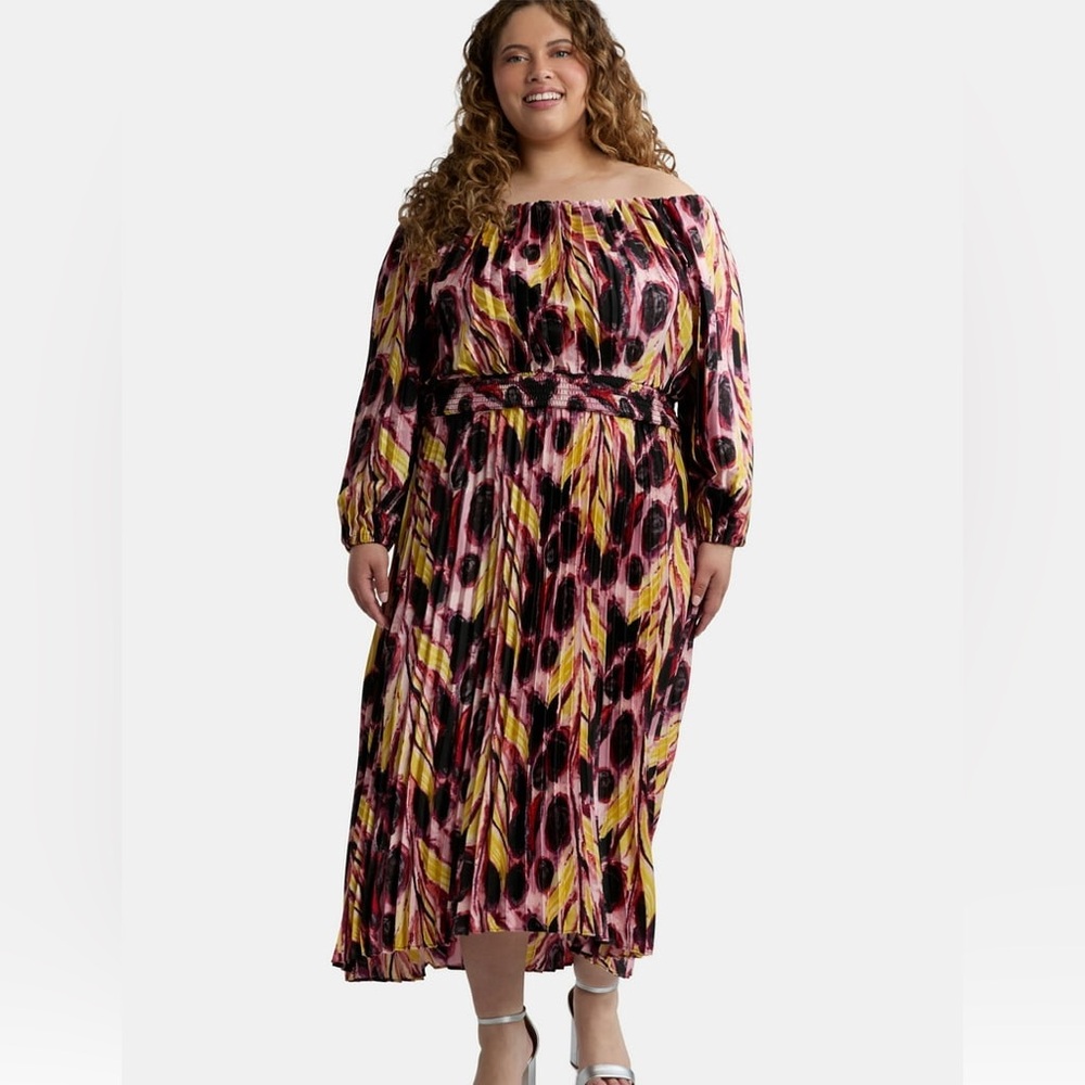 Terra & Sky Black Label Women's Plus Size Pleated Off the Shoulder Midi Dress